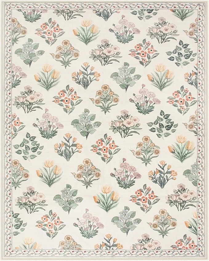 Wonnitar Floral Washable 8X10 Area Rugs, Soft Large Rugs for Living Room, 8 x 10 Low Pile Non Slip Moroccan Bedroom Carpets for Nursery Kids Room Decor Dining Room, Cream Beige