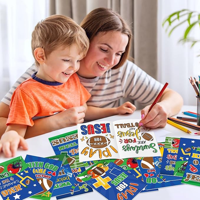 JAPBOR Football Coloring Books for Kids - 24PCS Mini Christian Themed Color Book Bulk Party Favors, Religious Jesus Bible Small Colour Pages for Sunday School Church Classroom Drawing Painting Games