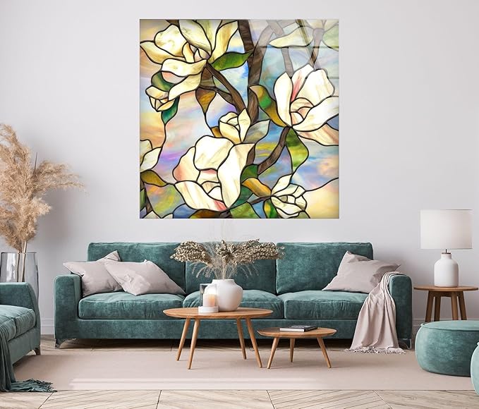 My Photostation.com Round 24'' Stained Magnolia Glass Wall Art Tempered Glass Printing Wall Decor Large Wall Art Wall Hangings