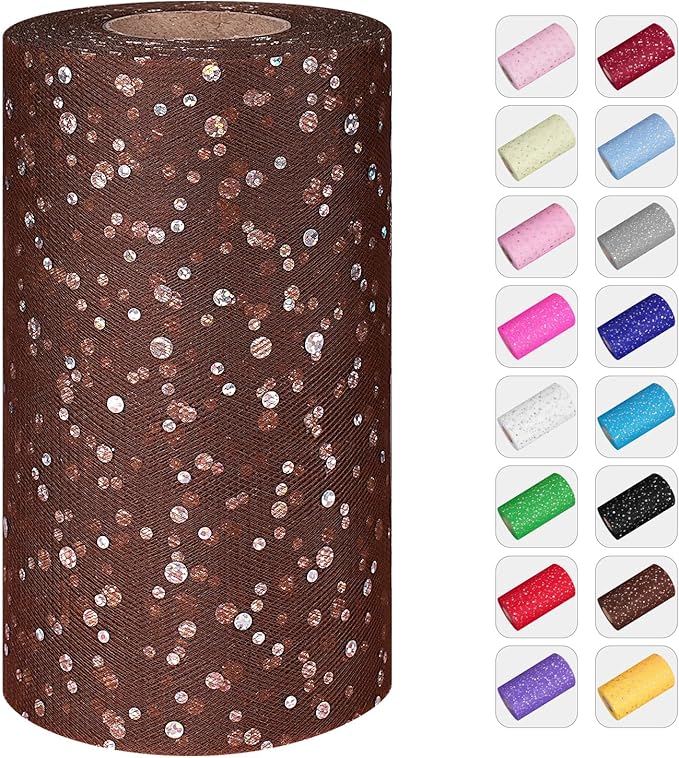 Glitter Tulle Rolls, 6' by 50 Yards (150FT) Sequin Tulle Netting Fabric for Tutu Skirts Sewing Birthday Wedding Party Decoration (Brown)