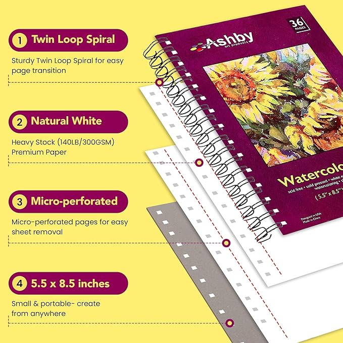 Ashby - Watercolor Paper Pads (5.5" x 8.5") - Pack of 3 (108 Total Sheets) - 140lb (300 GSM) Spiral Bound Notebook, Acid-Free, Cold Press - Ideal for Most Wet & Dry Media, Journaling and Drawing