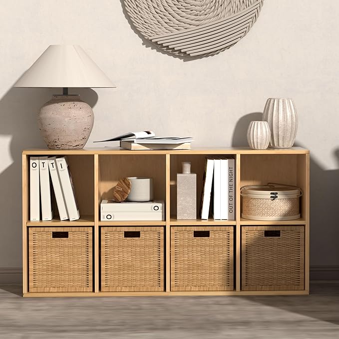 Wooden 8 Cube Storage Organizer with Closed Back Panel, Cube Shelf Heavy Duty Cubby Storage Organizer with Compartments for Living,Display Shelf,Bookshelf Furniture (Oak, 8-Cube)