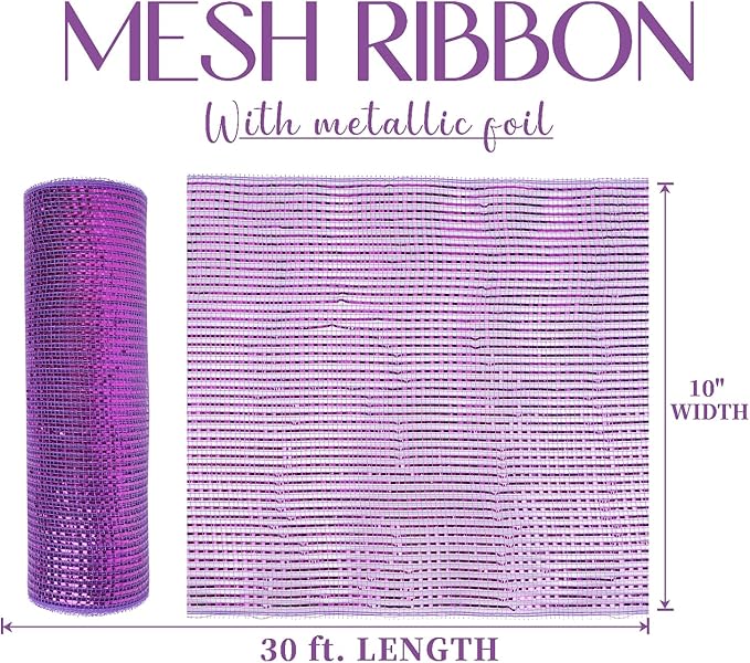 MEEDEE Purple Deco Mesh 10 Inch Deluxe Wide Foil Metallic Mesh Decorative Mesh Wide Purple Mesh Ribbon Halloween Mesh for Wreaths, Christmas Tree, Garland, Gift Wrapping, Bows Making (30 Feet)