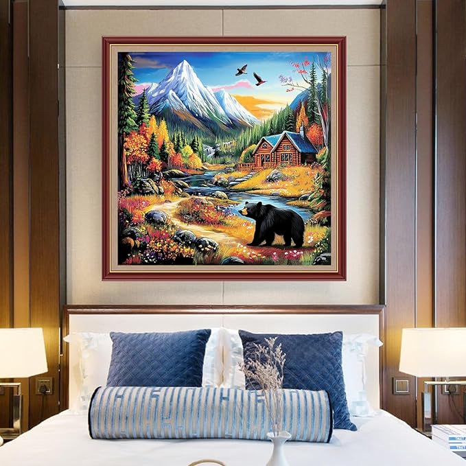 DMCXART Counted Cross Stitch Kits for Adults Needlepoint Kits Unprinted Cross Stitching Embroidery Kit 11CT Cross Stitch Supplies-Homeland Landscape Bear 18x18 inch