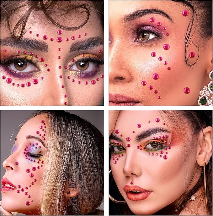 Self Adhesive Face Gems and Pearls for Makeup, Festival Jewels, Hair Gems Pearls, 3/4/5/6/8 mm Round Rhinestone Stickers for Face, Eye, Makeup, Body, Crafts 591Pcs (01_Rose red)