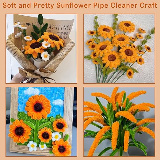 600Pcs Pipe Cleaners Craft,Multiple Assorted Colors Pipe Cleaners Bulk, Chenille Stems for DIY Flower Making Kit with Floral Wires, Gardening Tape,Stamen& Ribbon (Yellow)