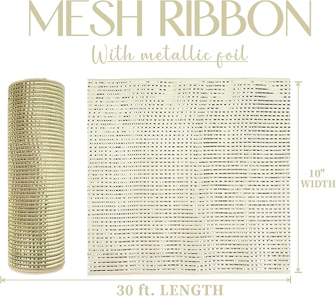 MEEDEE Champagne Deco Mesh 10 Inch Deluxe Wide Foil Metallic Mesh Premium Decorative Mesh Champagne Gold Mesh Ribbon for Christmas Tree, Wreaths, Garland, Gift Wrapping, Bows Making (30 Feet)