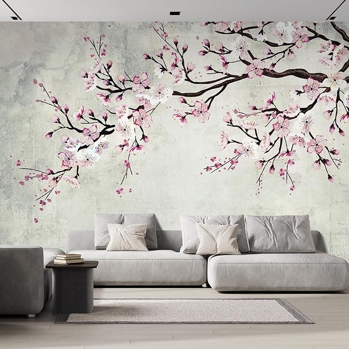 wall26 Wall Sticker/Wall Mural Watercolor Style Ink Painting Pink Cherry Blossom on Vintage, Not Peel and Stick, Non-Woven Wallpaper Decorative for Bedroom, Living Room, Office - 108x144 inches