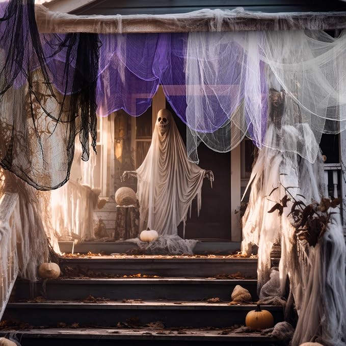 Boao Halloween Cheese cloth 84.65 x 590.55 Inch White Black and Purple Cheesecloth Roll for Crafts Large Cotton Muslin Gauze Fabric for Halloween Outdoor & Indoor Spooky Decoration