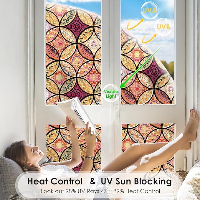 DKTIE Stained Glass Window Film with Installation Tools - Bohemian Style, Privacy Protection, Softening Light, Home Decorative Window Film, 17.7 x 78.7 Inch