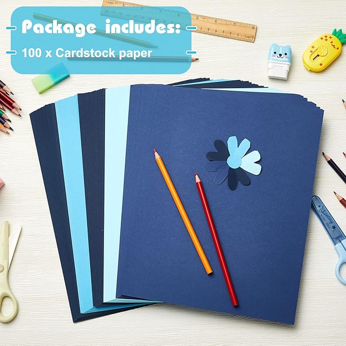 Sinmoe 100 Sheets 5 Shades Cardstock Paper 8.5 x 11 Inches 180gsm Solid Core Printer Paper for Scrapbooking DIY Arts Crafts Making Office Home Supplies(Blue Series)
