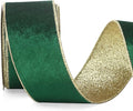 Ribbli Forest Green Velvet Wired Ribbon 2.5 Inch Green Velvet with Gold Glitter Christmas Ribbon for Christmas Tree Decoration Big Bow Gift Wrapping Crafts Wreaths Supplies- 10 Yards
