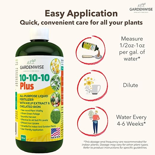 10-10-10 All Purpose Plant Food - Liquid Fertilizer with Seaweed Kelp & Iron - Indoor & Outdoor Plant Food, Vegetables, Flowers, Lawn & Garden 1x16 oz