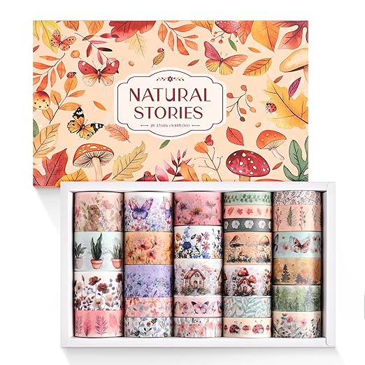 27 Rolls Vintage Washi Tape Set, Floral Butterfly Forest Mushroom Botanical Flower Writable Decorative Tapes for Scrapbooking, Junk Journal Supplies, Bullet Journaling 9.84ft Long/Roll