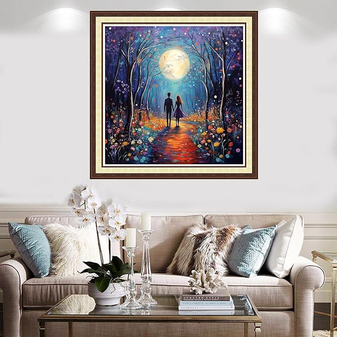 Findvoor Counted Cross Stitch Kits for Adults Full Range of Cross Stitching Embroidery Unprinted Pattern for Beginners, 11CT Needlepoint Kit Patterns Embroidery Kits-Couple Under Moonlight 18x18 inch