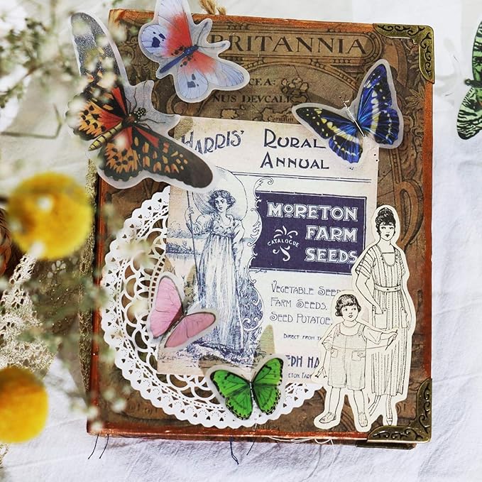 Vintage Vellum Stickers Floral Plants Elements Scrapbooking Supplies Flowers Botanic Natural Translucent Paper Self-Adhesive Junk-Journal Items (Little Butterfly)