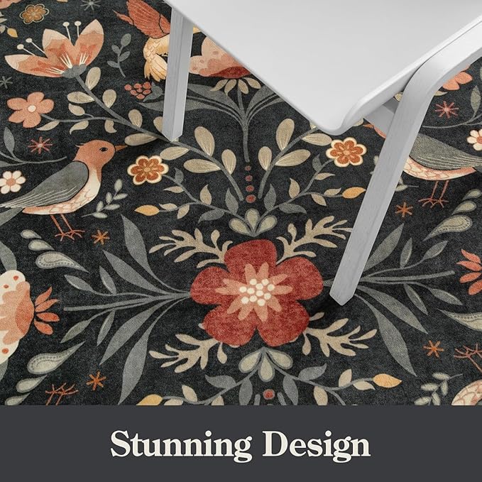 Morebes Washable 8x10 Area Rugs for Living Room Non Slip, Boho Botanical Soft Birds Bug Moody Rugs for Bedroom, Ultra-Thin Floral Flower Throw Carpet for Classroom Home Office Dorm Room, Black/Multi