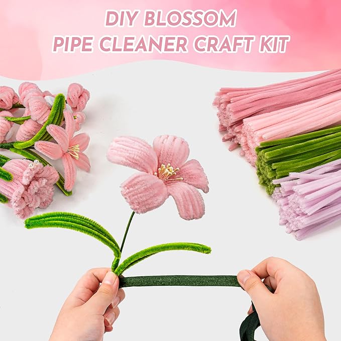 400 PCS Pipe Cleaners Craft Bulk,4 Assorted Colors Chenille Stems for DIY Flower Making Kit with Floral Wire, Gardening Tape, Stamen & Ribbon, Pipe Cleaners Flowers, Arts and Craft Supplies for Kids