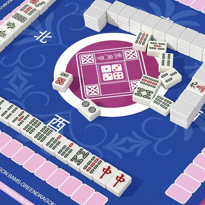 Mahjong Mat with Rules for Table with 6 Mahjong Playing Instructions,4 Mahjong Tile Mixer,4 Dice & Carrying Bag,Non-Slip and Silent Travel Mahjong Set for Mahjong/Poker/Board Games/Card Games/Dominoes