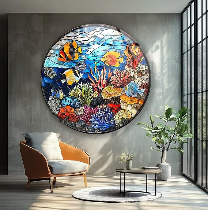 My Photostation.com 39,4''(100cm) Diameter Coral Reef Mosaic Round Glass Wall Art Tempered Glass Printing Wall Decor Large Wall Art Wall Hangings
