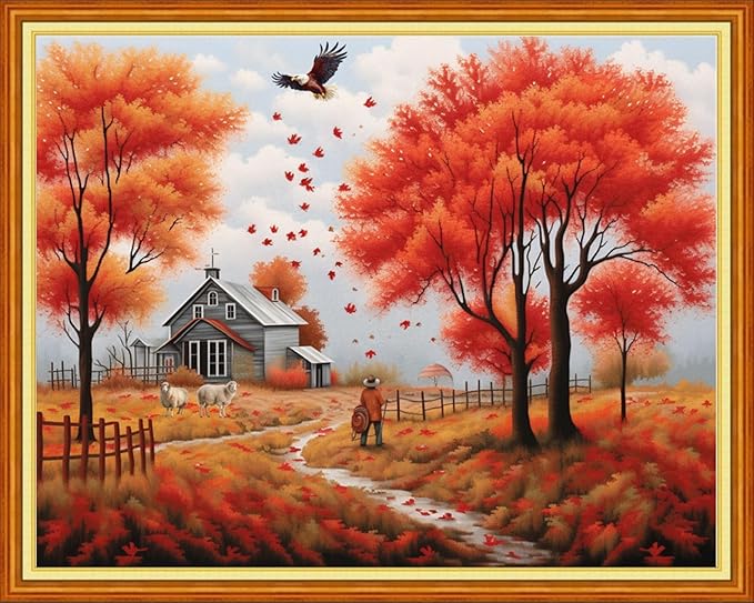 Stamped Cross Stitch Kits - Beach Night Landscape Counted Cross Stitch Kits for Beginners Adults Needlepoint Cross-Stitch Patterns-Golden Autumn Scenery 16x20 inchs