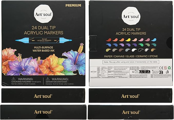 Art+soul 24 Colors Acrylic Paint Pens-Dual Tip Markers, Vibrant, Long Lasting Colors that Dry Quickly, Ideal for Canvas, Paper, Glass, Ceramic, Wood, and Rock