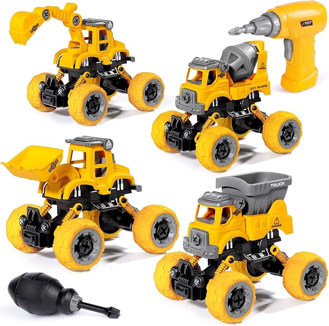 LUDILO 4PCS Take Apart Toys for 4 Year Old Boys Construction Toys with Electric Drill DIY Assembly Building Stem Toys Trucks Gifts for 3 4 5 6 7 8 Year Old Boys Girls Kids Learning Educational Toys
