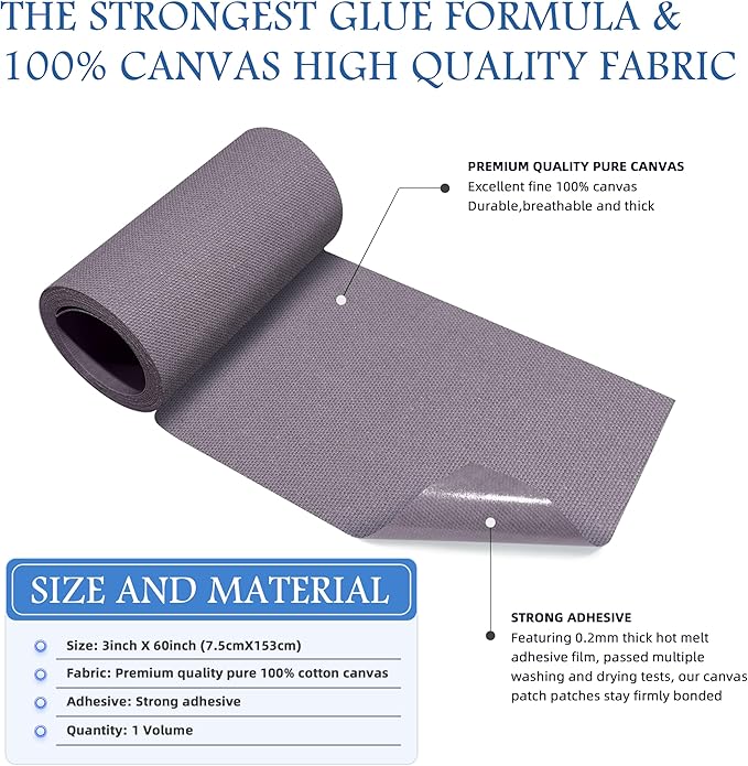 KING MOUNTAIN Canvas Iron on Patch,3"×60",Waterproof 100% Cotton Fabric Repair Patch,Used for Various Sofa,Tent,Clothes,Seats,Suitcases (Gray)