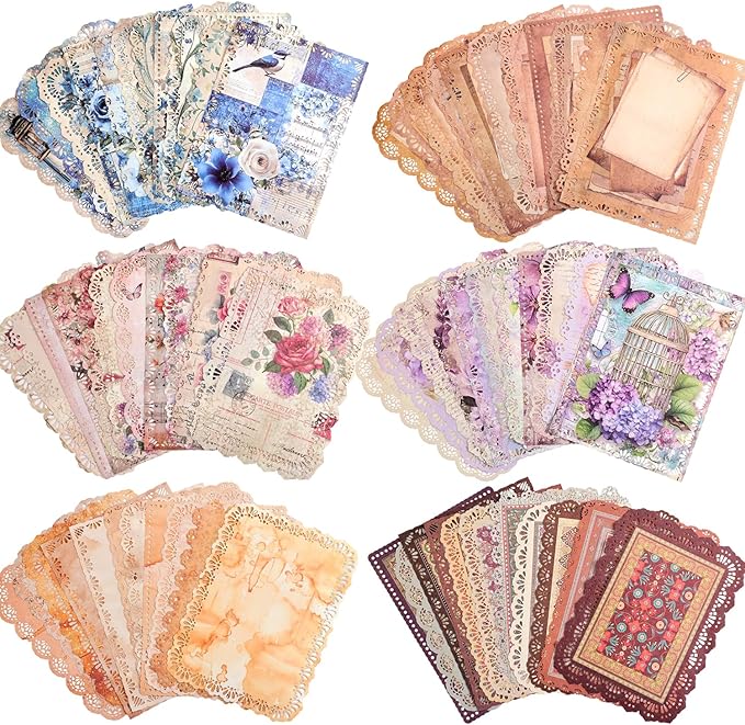66 Sheets Lace Edged Scrapbook Paper Set, 6 Packs Vintage Decorative Paper Scrapbooking Supplies for Letter Writing Background Stationery Ephemera for Junk Journaling, DIY Art Collage 4.9x6.9 IN