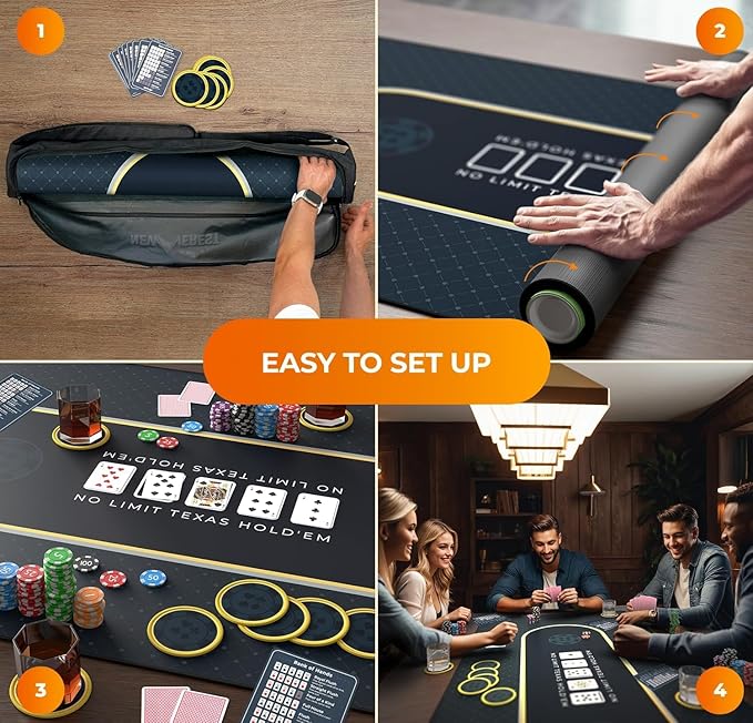 Newverest Poker Table Top 70" x 35", Texas Hold'em Poker Mat for Home Game Nights Up to 10 Players, Casino| Poker Topper Cloth for Tables in Zipper Storage Bag with 8 Coasters in Poker Gift-Ready Box