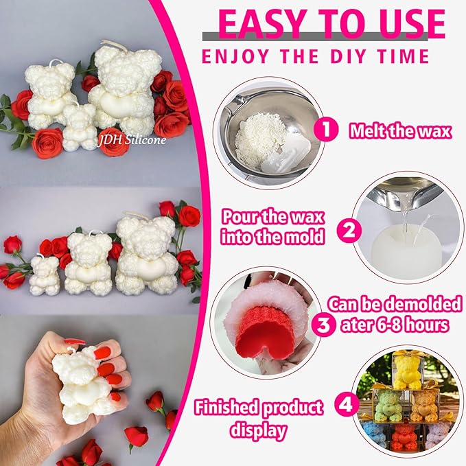 Large Rose Bear Silicone Mold - 3D Teddy Bear Candle Making Molds, Cute Epoxy Resin Molds for DIY Handmade Soaps,Mother's Day Gifts, Valentine Gifts, Birthday Gifts, Home Decor Crafts