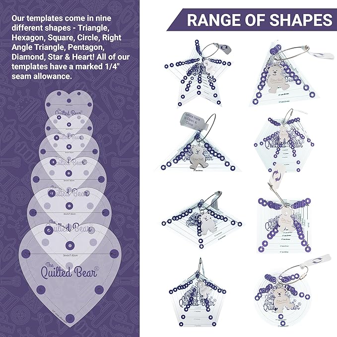 The Quilted Bear Heart Quilting Templates – 8 Clear Non-Slip Acrylic Quilt Templates for Precise Fabric Cutting & Stress-Free Machine Quilting - Ideal for Quilt & Sewing Supplies (¾–3")