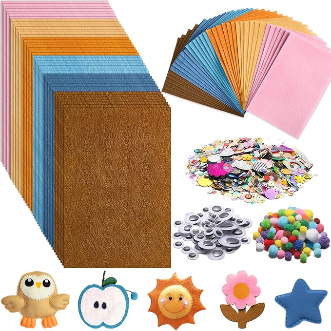 42Pcs Boho Felt Fabric Sheets 8 x 12 Inch Brown Beige Blue Assorted Soft Thick Felt Pack with Wiggle Google Eyes Pom Poms Glitter Patchwork Craft Supply for DlY Sewing Creative Art Project Decor
