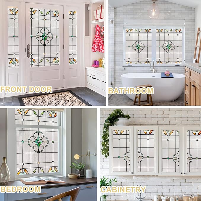 3D Stained Glass Window Privacy Film, Heat Control UV Blocking Static Cling Decorative Window Film for Bathroom,Front Door,Home Non Adhesive,23.6 x 35.4 inches Verdant Whispers
