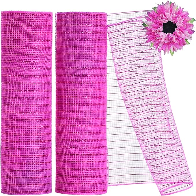 TONIFUL 2 Rolls 10 Inch Hotpink Decorative Mesh Ribbbon Rolls, Fabric Mesh with Foil for Wreath Supplies, Front Door Wreath Crafts Tree Decor Christmas NewYears Halloween Decoration (10 yds/roll)