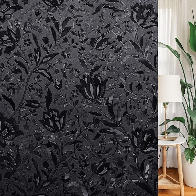 LEMON CLOUD Total Blackout Window Film Privacy Static Cling Frosted Black Window Covering 100% Opaque Film Tint Darkening Removable Film for High Privacy，(Blackout Tulip Design,29.5 x157.4 inches)