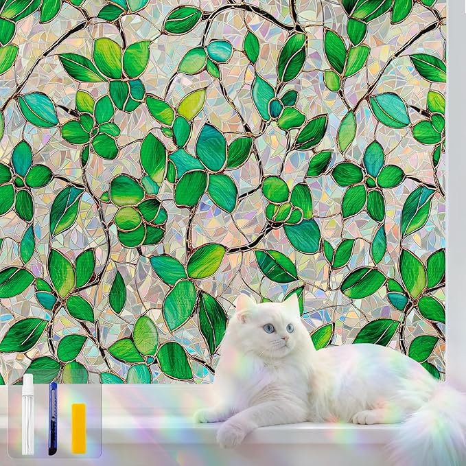 Window Privacy Film Stain Glass Window Film Rainbow Window Film Window clings Non-Adhesive Reusable Decorative for Room (Green Rainbow, 45.2 X 78.7 in)