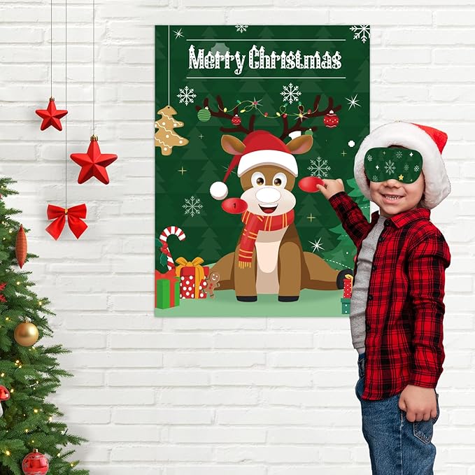 ASTARON Christmas Party Games for Kids, Pin The Hat on Reindeer with 36 Stickers 2 Blindfolds Christmas Holiday Party Decorations School Classroom Activities