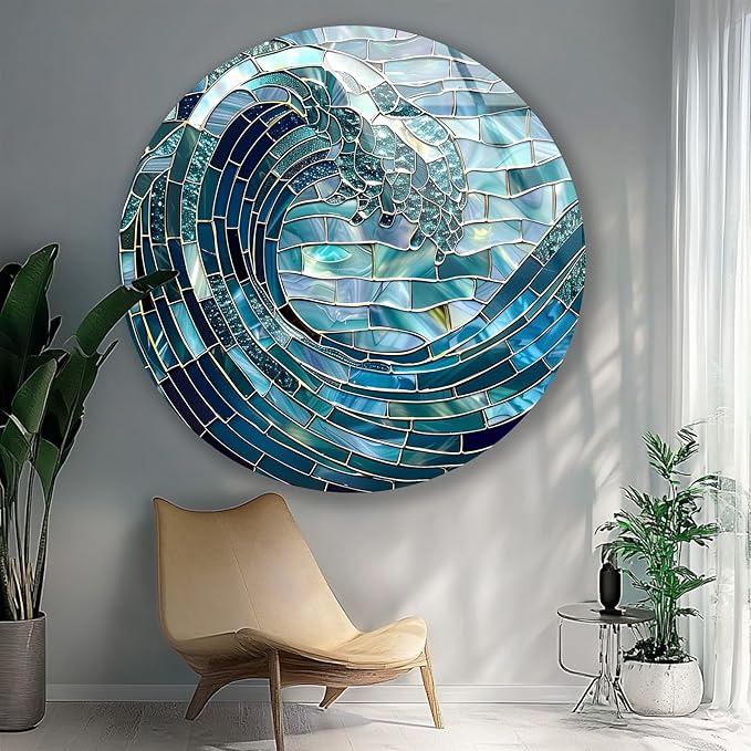 My Photostation.com 15.8''(40cm) Diameter Ocean Wave in Blue Mosaic Round Glass Wall Art Tempered Glass Printing Wall Decor Large Wall Art Wall Hangings
