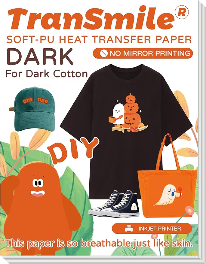 TranSmile PU-Heat Transfer Paper for Inkjet Printer (10 Sheets, 8.5x11", Dark) Iron on Transfers for Dark Fabric, Printable Heat Transfer Vinyl for T Shirts, Vibrant & Washable