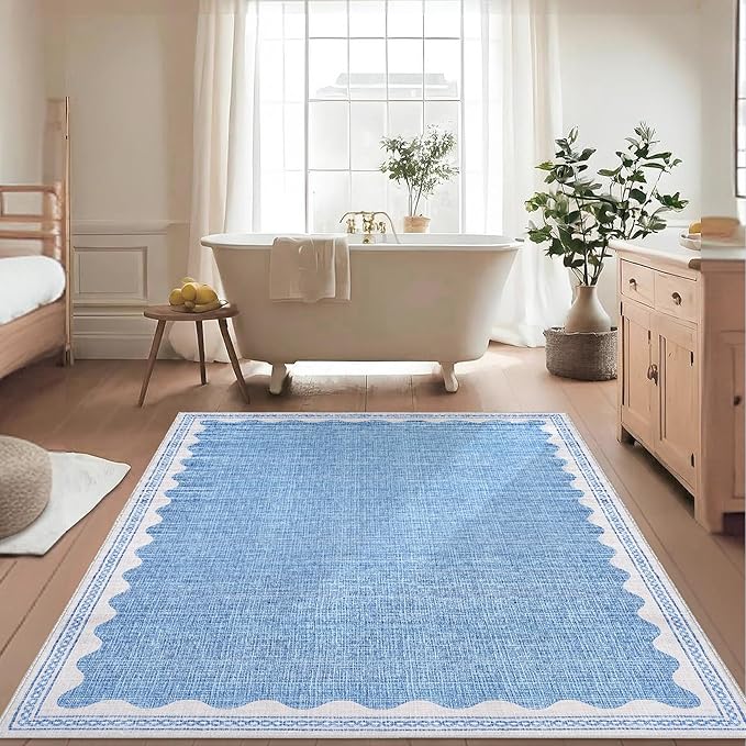 Scalloped Washable Rug 5x7 Area Rugs for Living Room, Solid Blue Rug for Bedroom Girls, Non Slip Scalloped Rugs Throw Mat with Rubber Back, Soft Dorm Nursery Low Pile Carpet for Dining Room