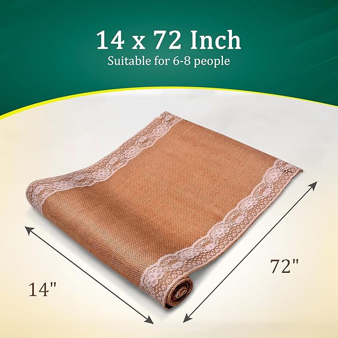 Burlap Lace Table Runner (Pack of 3) – 14”x 72” - No-Fray Finished Edge Natural Table Runner – No Odor, Eco-Friendly Burlap Runner - Perfect for Christmas, Wedding, Thanksgiving