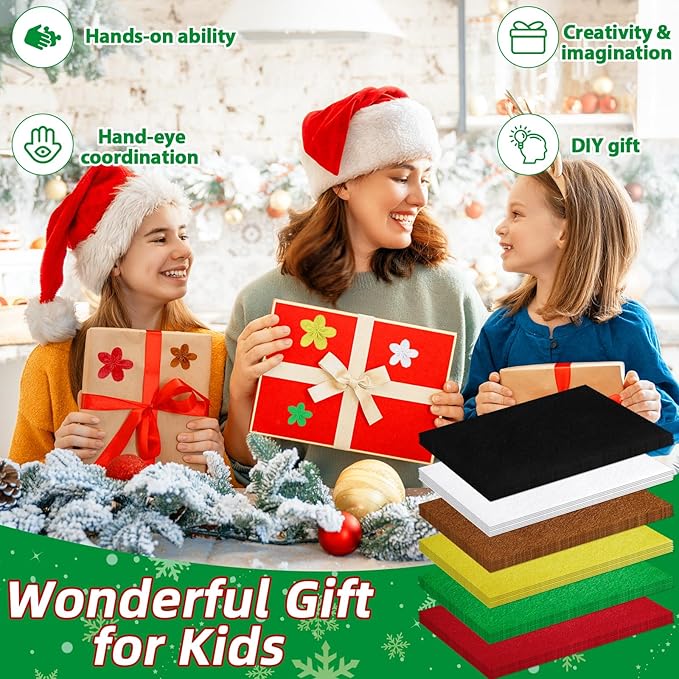 gisgfim 42Pcs Christmas Felt Fabric Sheets 8 x 12 Inch Red Green Black Assorted Soft Thick Felt Pack with Wiggle Google Eyes Pom Poms Glitter Patchwork Craft for DIY Sewing Creative Art Project Decor