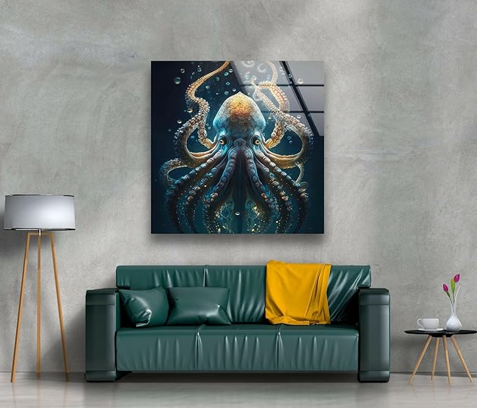 My Photostation.com 40WX60H'' Underwater Blue Octopus Glass Wall Art Tempered Glass Printing Wall Decor Large Wall Art Wall Hangings