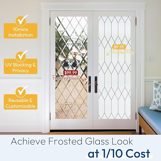 rabbitgoo Window Privacy Film for Glass Windows, Frosted Glass Cling with Decorative Moroccan Lattice, Removable Heat Control Sun Blocking Door Covering Sticker for Home Bathroom, 11.8 x 78.7 inches