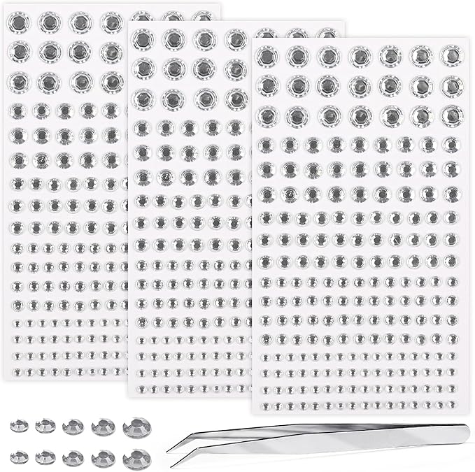 Self Adhesive Face Gems and Pearls for Makeup, Festival Jewels, Hair Gems Pearls, 3/4/5/6/8 mm Round Rhinestone Stickers for Face, Eye, Makeup, Body, Crafts 591Pcs (14_Clear)