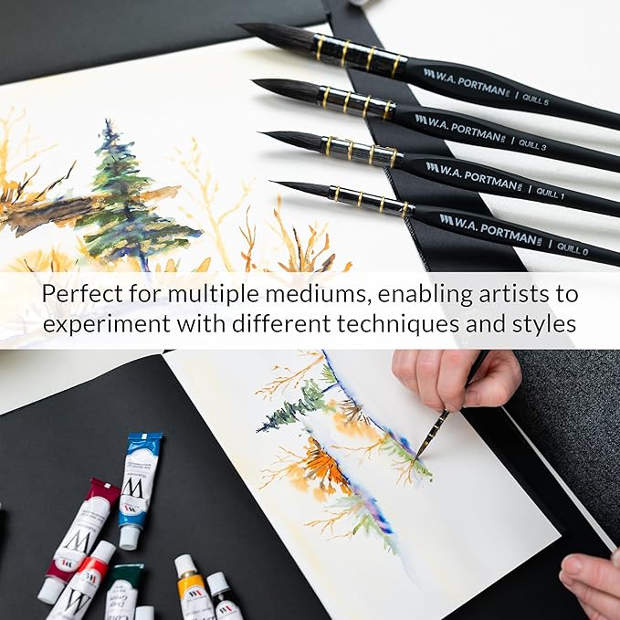 WA Portman Quill Round Watercolor Brushes Professional 4pc Set - 100% Vegan, Cruelty-Free Synthetic Squirrel Hair Watercolor Brushes Set with Triangular Comfort Grip