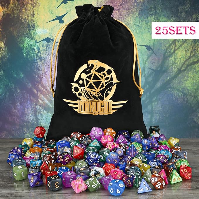 DND Dice Set, 25 X 7 Polyhedral Dice (175 Pieces) for Dungeons and Dragons DND RPG MTG Table Game D4 D6 D8 D10 D12 D20 25 Colors Dice with 1 Large Flannel Bag
