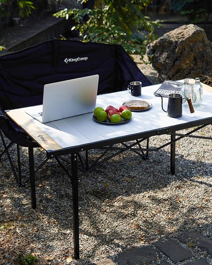 KingCamp Aluminum Folding Lightweight Roll Portable Stable Table for Camping Picnic Barbecue Backyard Party, Indoor & Outdoor, Oversize, Silver Black (Extended Pro, #6P Bamboo)