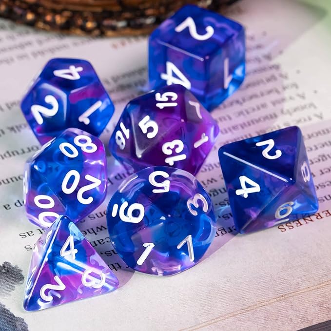 7-Die DND Dice Set Polyhedral Dice Set with a Leather Dice Bag, D&D Dice Set for Dungeons and Dragons, RPG Table Games (T/Purple Blue)